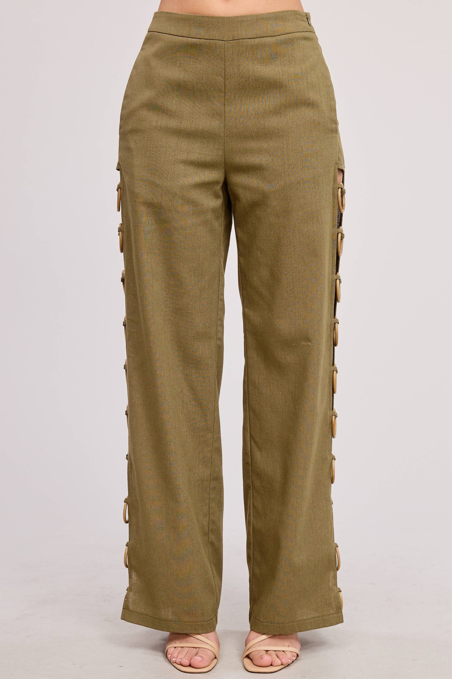 Linen Wide Leg Pants with Wooden Ring Accents