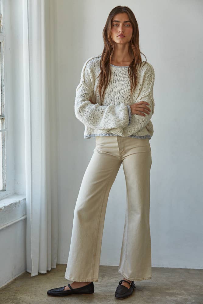 Knit Sweater Pullover Top With Contrast Hems Detail