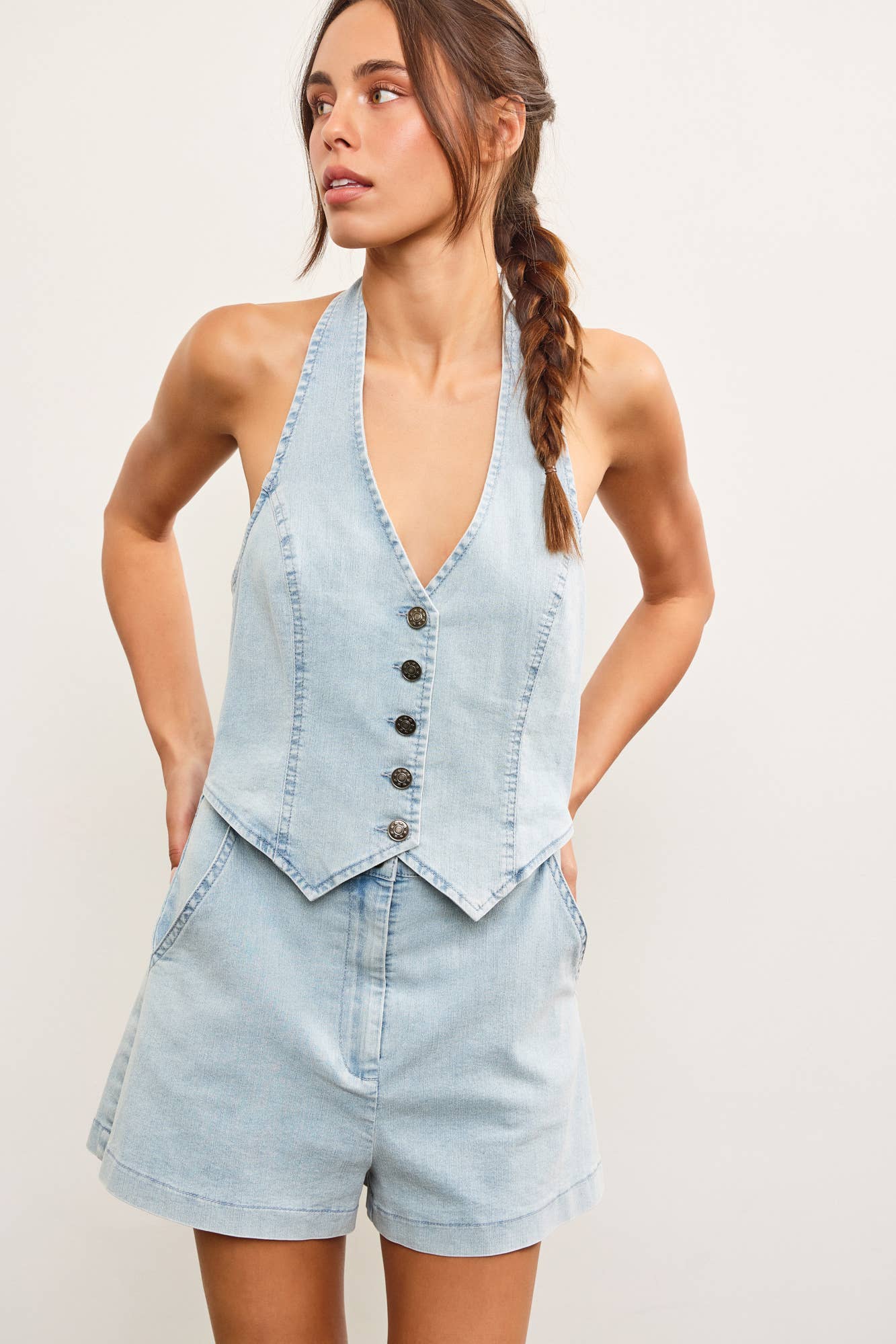 Halter Neck Vest Denim Romper