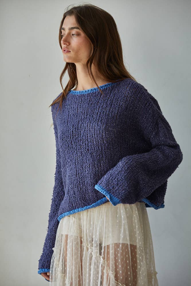 Knit Sweater Pullover Top With Contrast Hems Detail