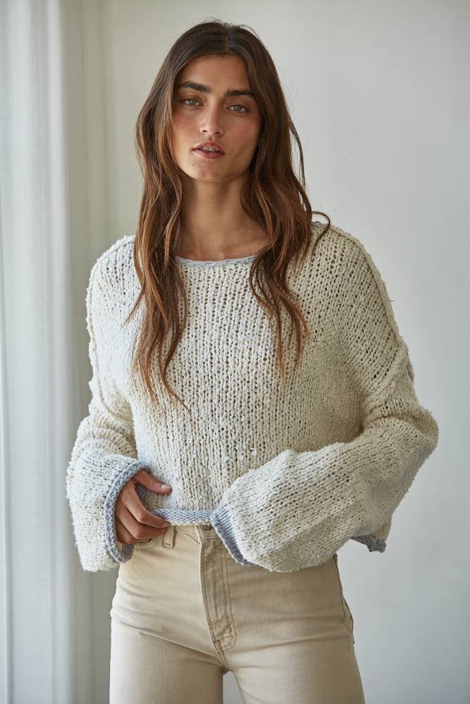 Knit Sweater Pullover Top With Contrast Hems Detail