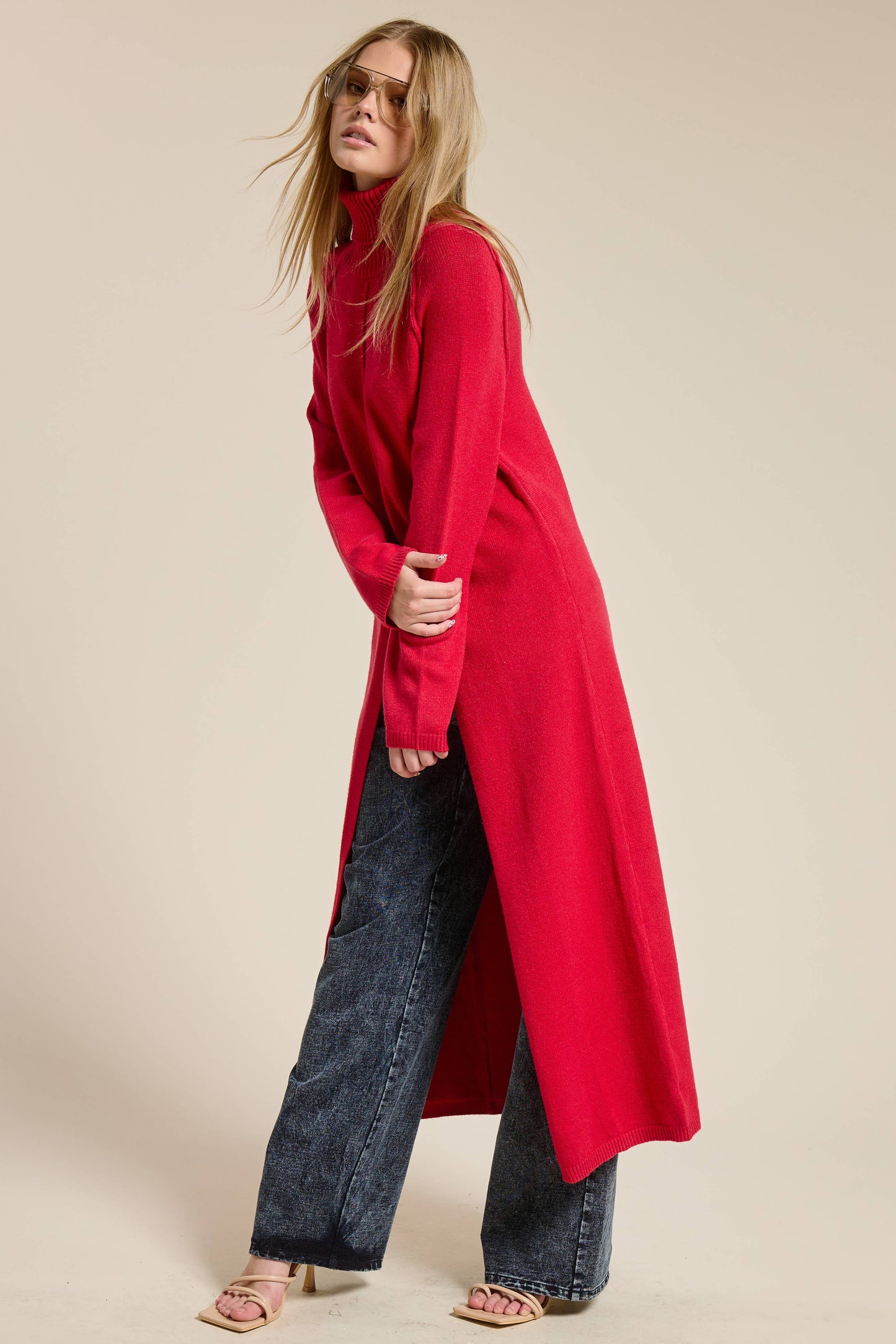 Ribbed Turtleneck Tunic Sweater Dress with Slit