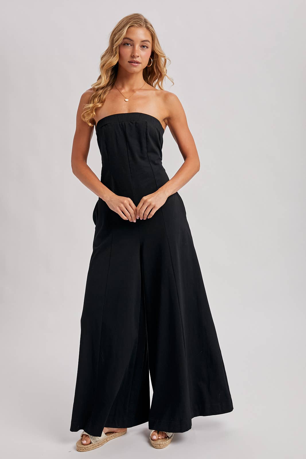 Strapless Bandeau Wide Leg Jumpsuit w/ Pockets