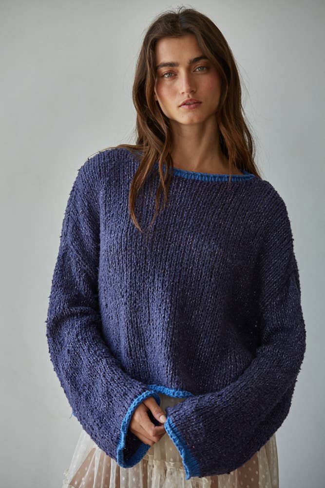 Knit Sweater Pullover Top With Contrast Hems Detail