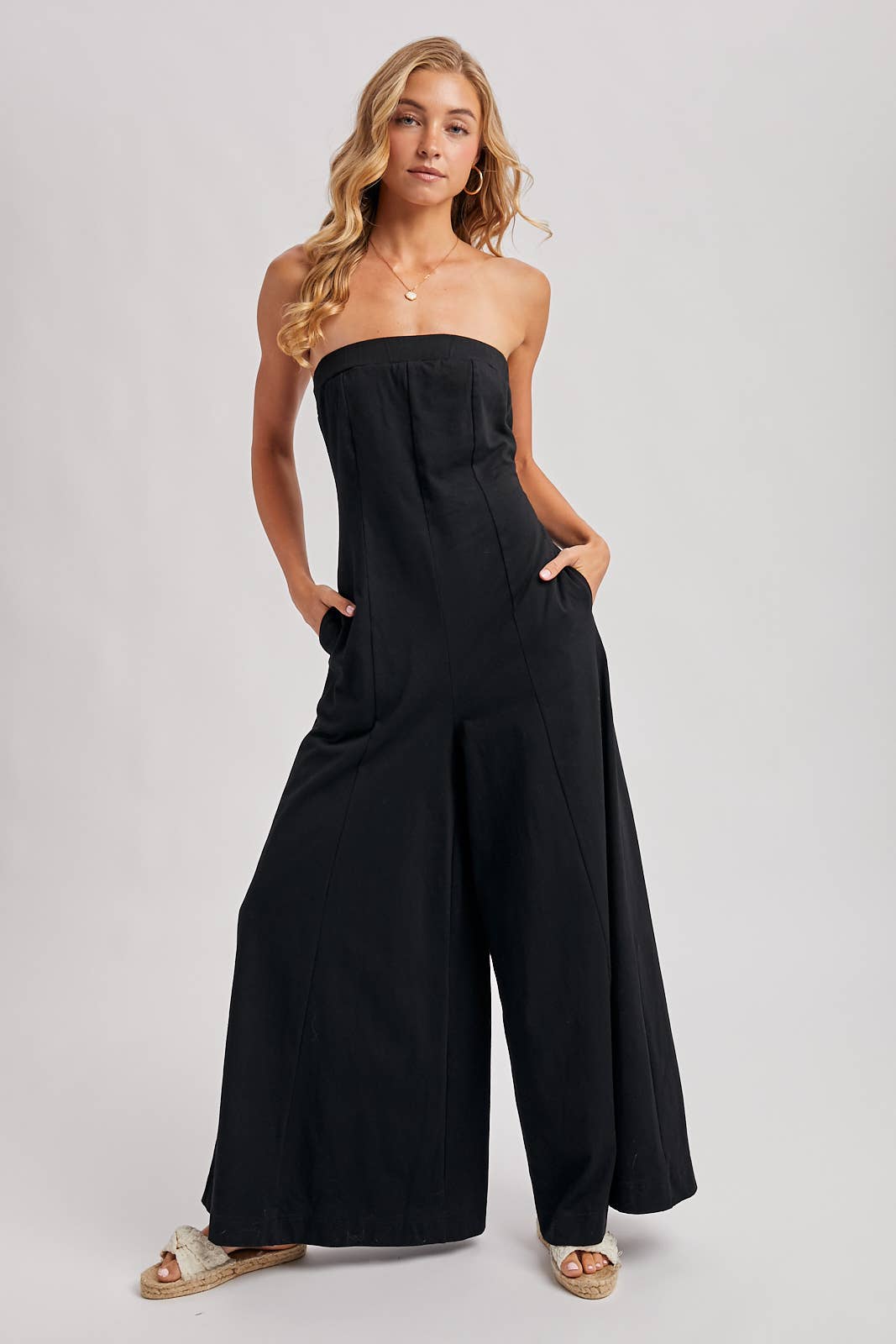 Strapless Bandeau Wide Leg Jumpsuit w/ Pockets