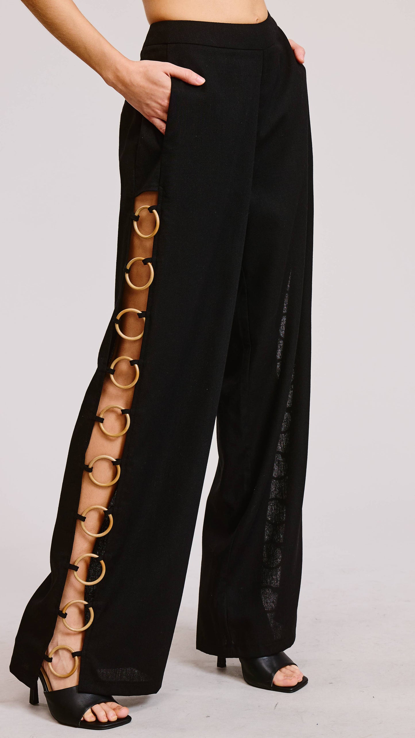 Linen Wide Leg Pants with Wooden Ring Accents