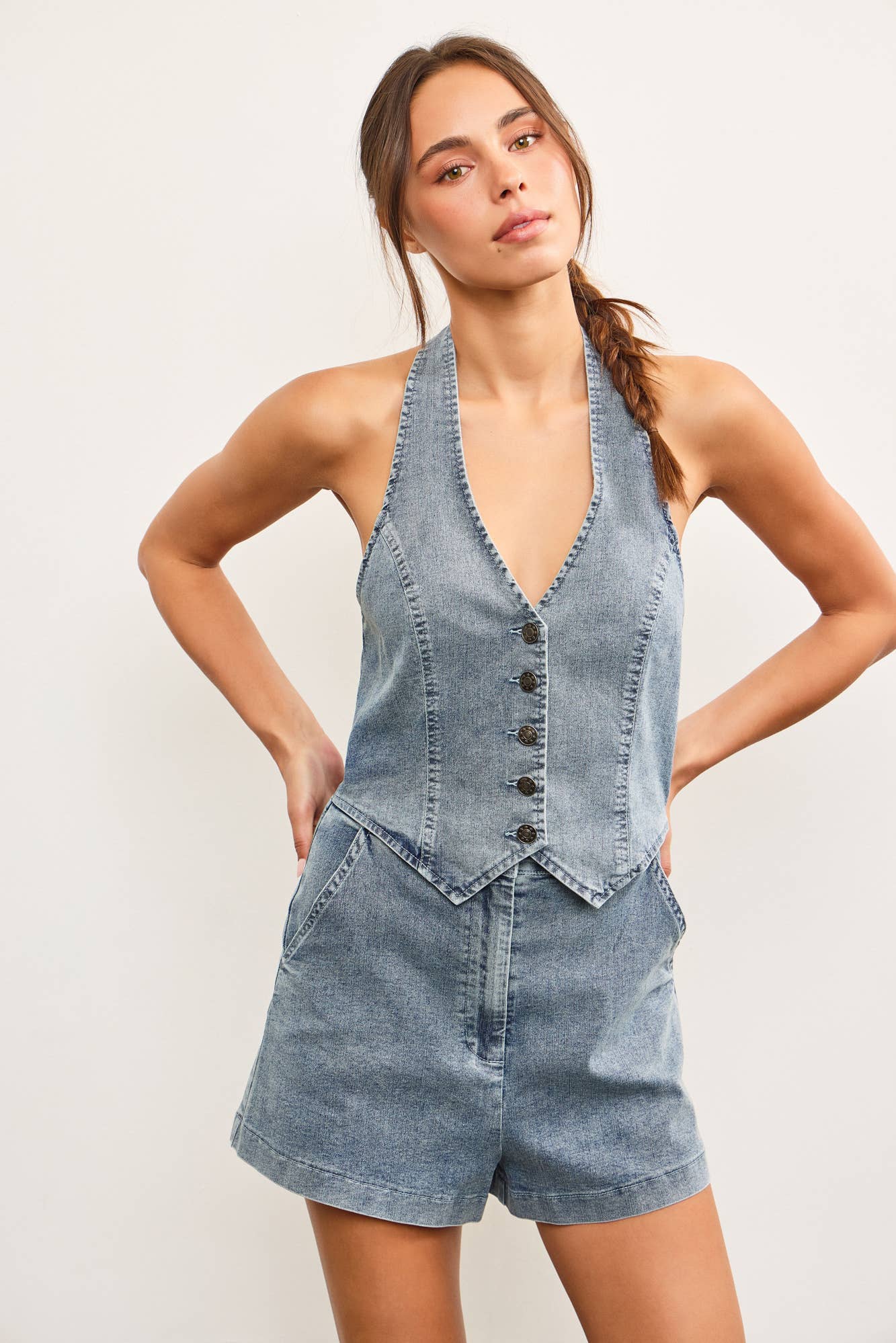 Halter Neck Vest Denim Romper