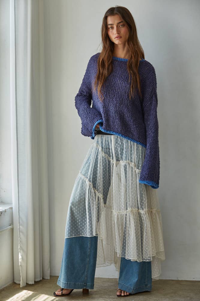 Knit Sweater Pullover Top With Contrast Hems Detail