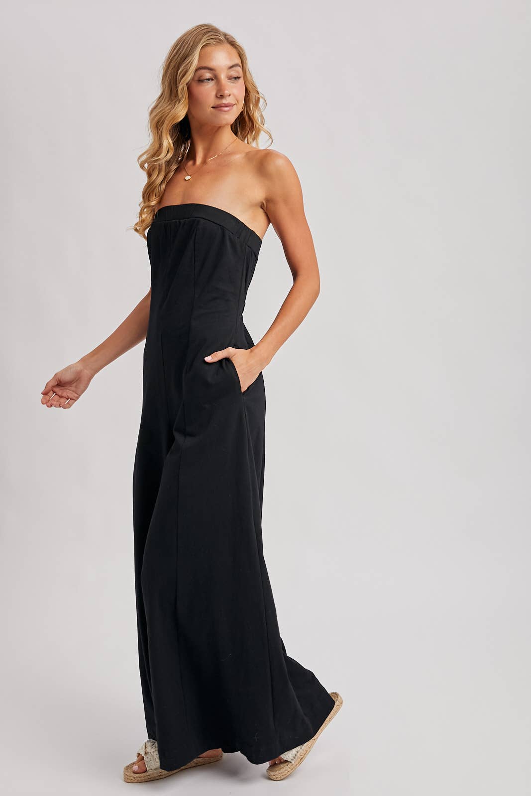 Strapless Bandeau Wide Leg Jumpsuit w/ Pockets