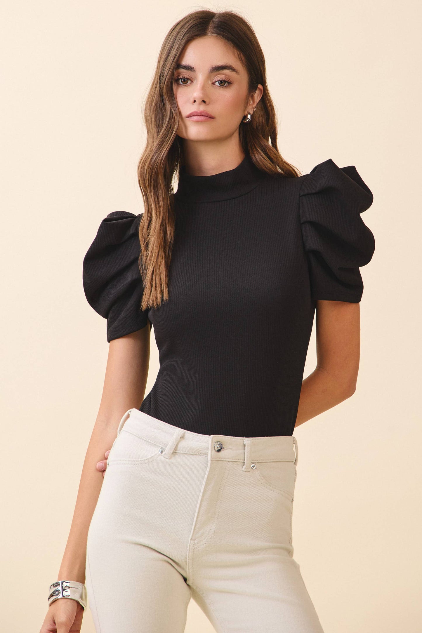 Stretch Knit Short Puff Sleeve Bodysuit