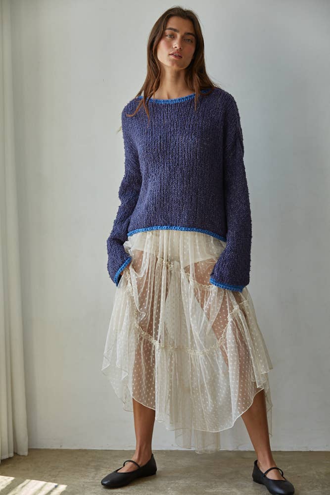 Knit Sweater Pullover Top With Contrast Hems Detail