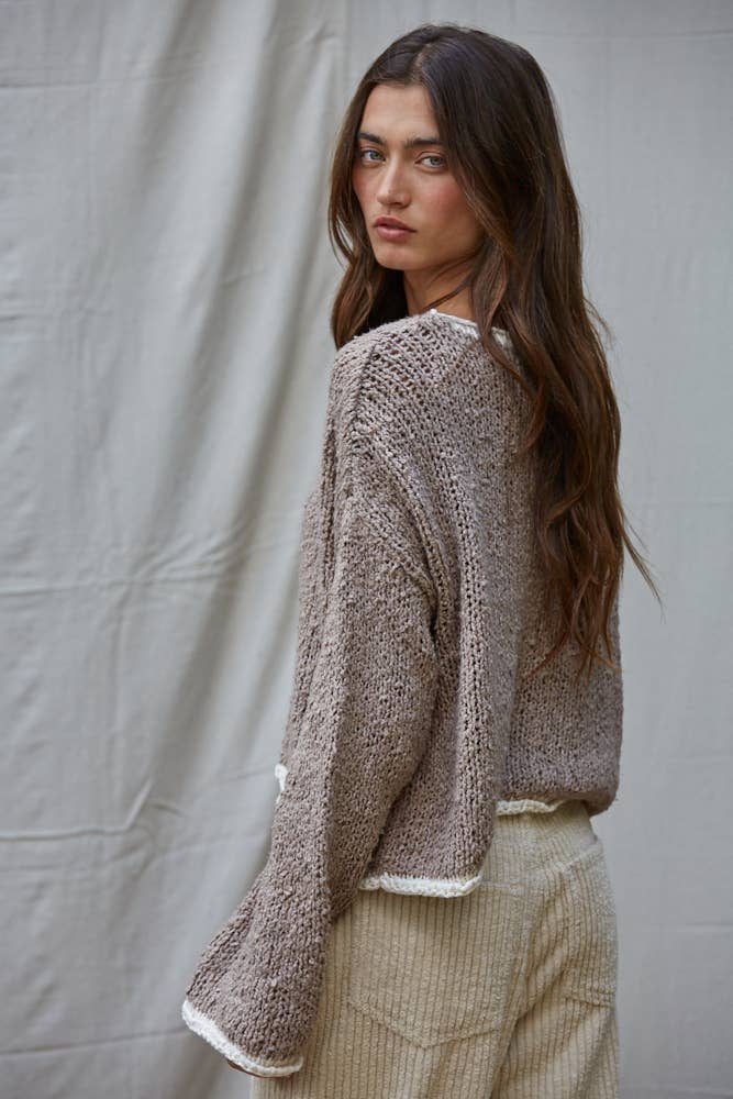 Knit Sweater Pullover Top With Contrast Hems Detail
