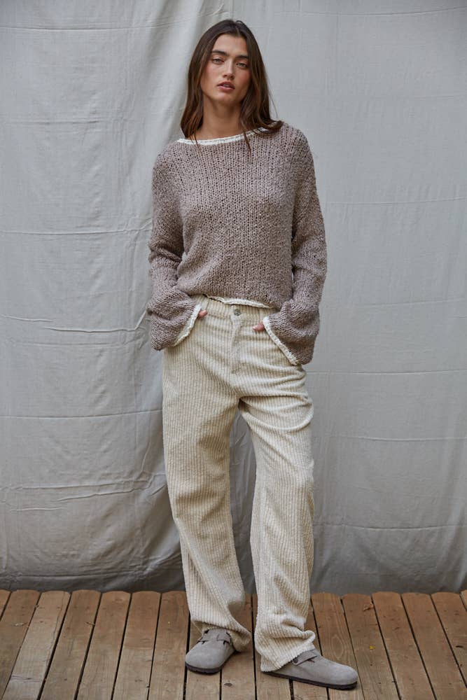 Knit Sweater Pullover Top With Contrast Hems Detail