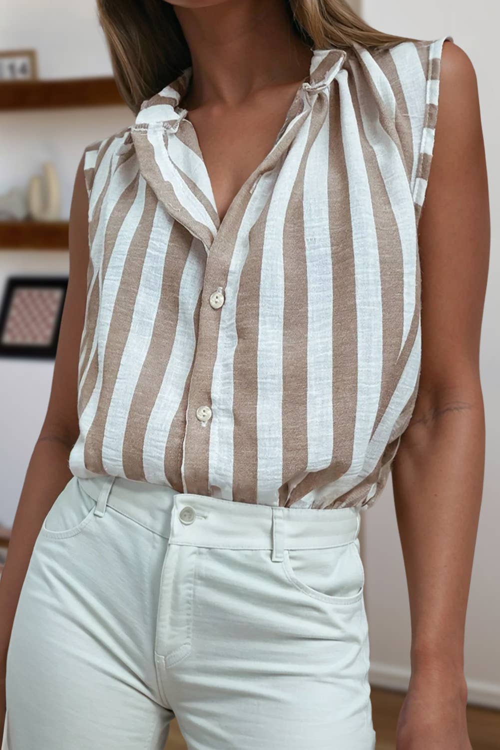 Stripe Casual Button Down Sleeveless Top