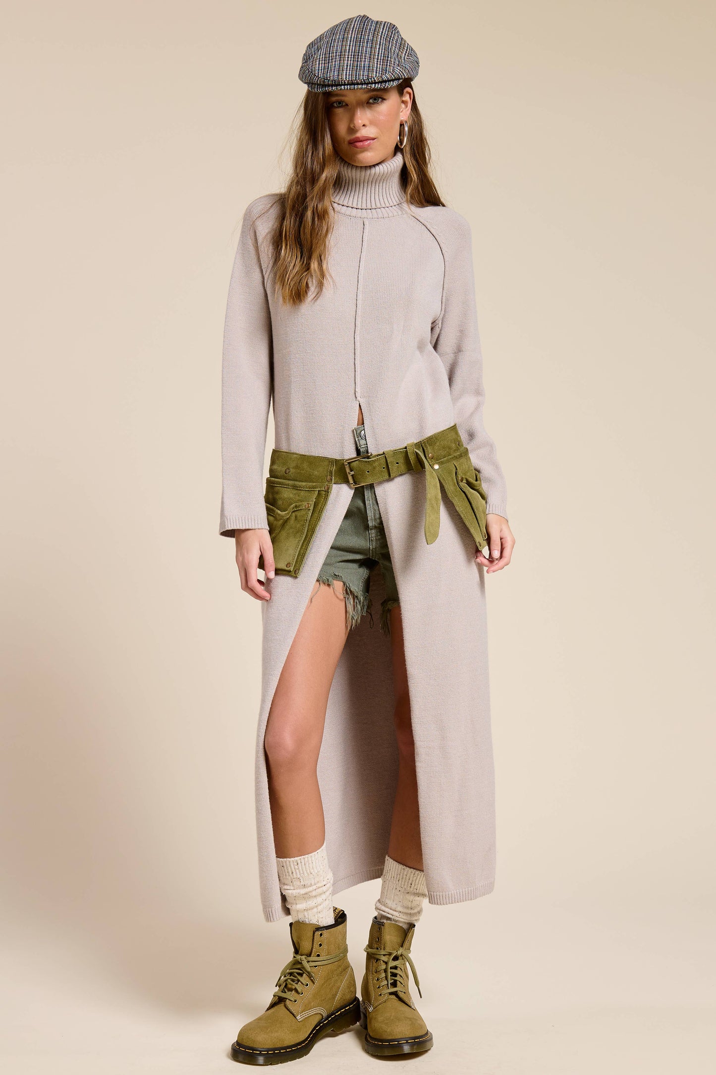 Ribbed Turtleneck Tunic Sweater Dress with Slit