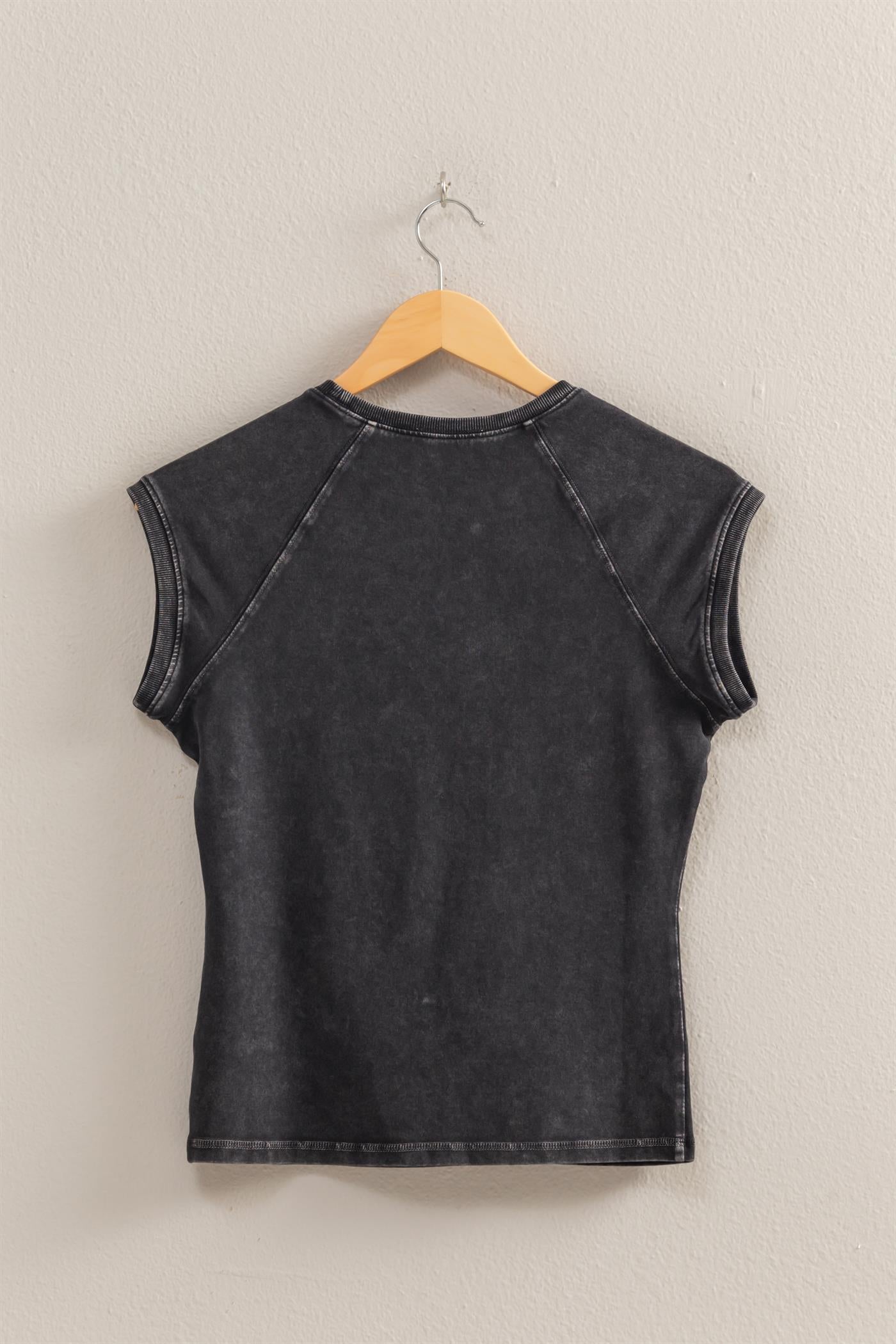 Black Basic Raglin Cap Sleeve Tee