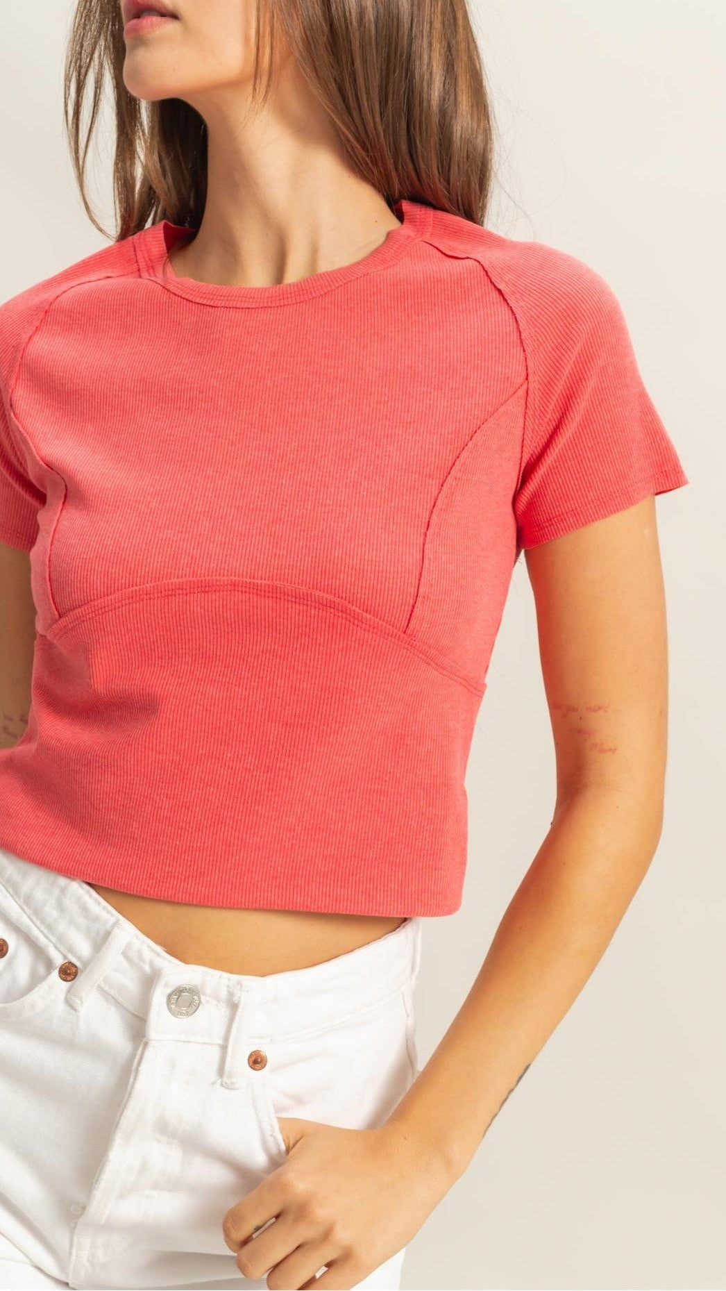 Short Sleeve Washed Ribbed Knit Top