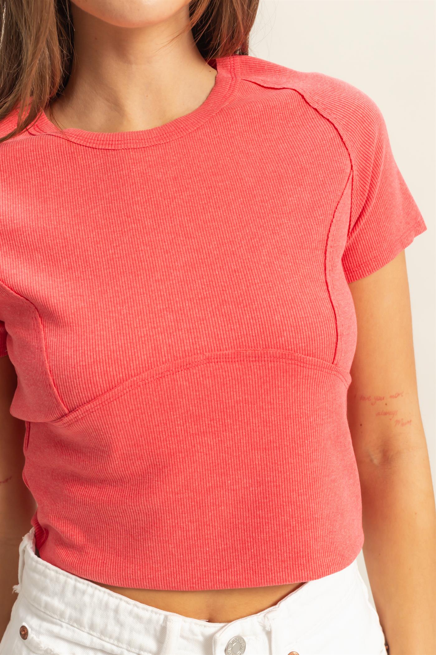 Short Sleeve Washed Ribbed Knit Top