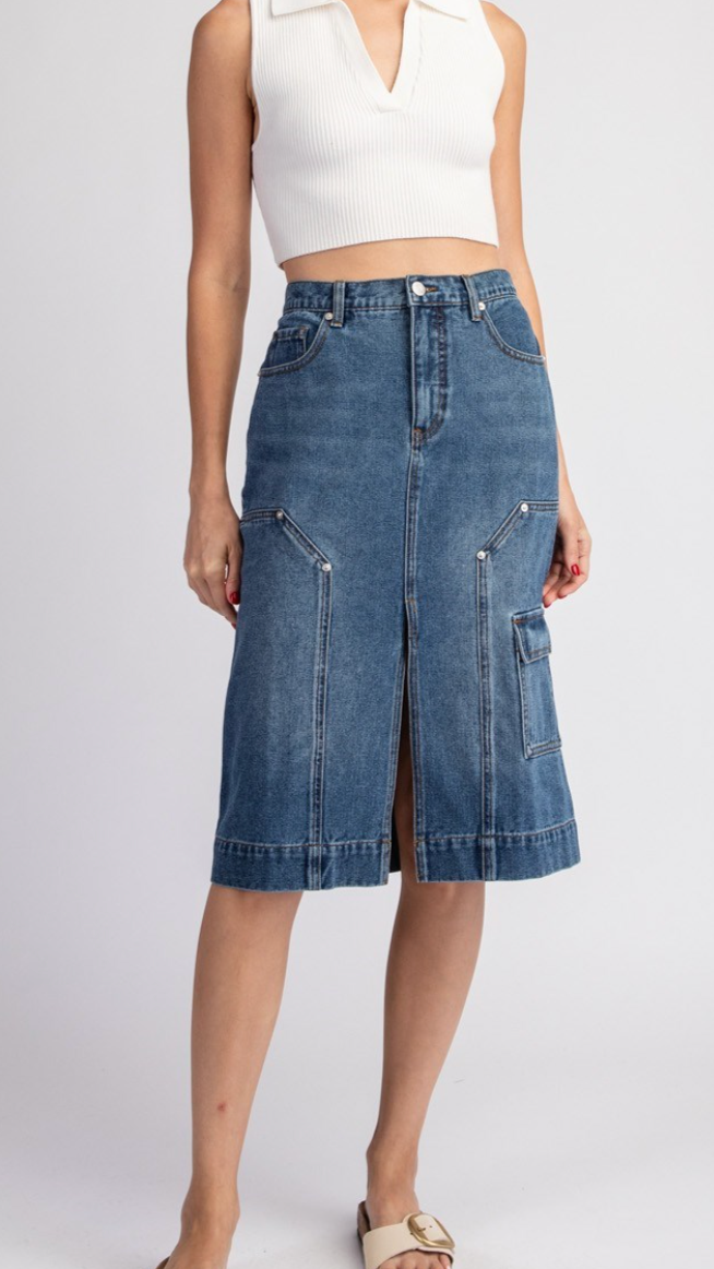 Mineral Washed Denim Midi Skirt