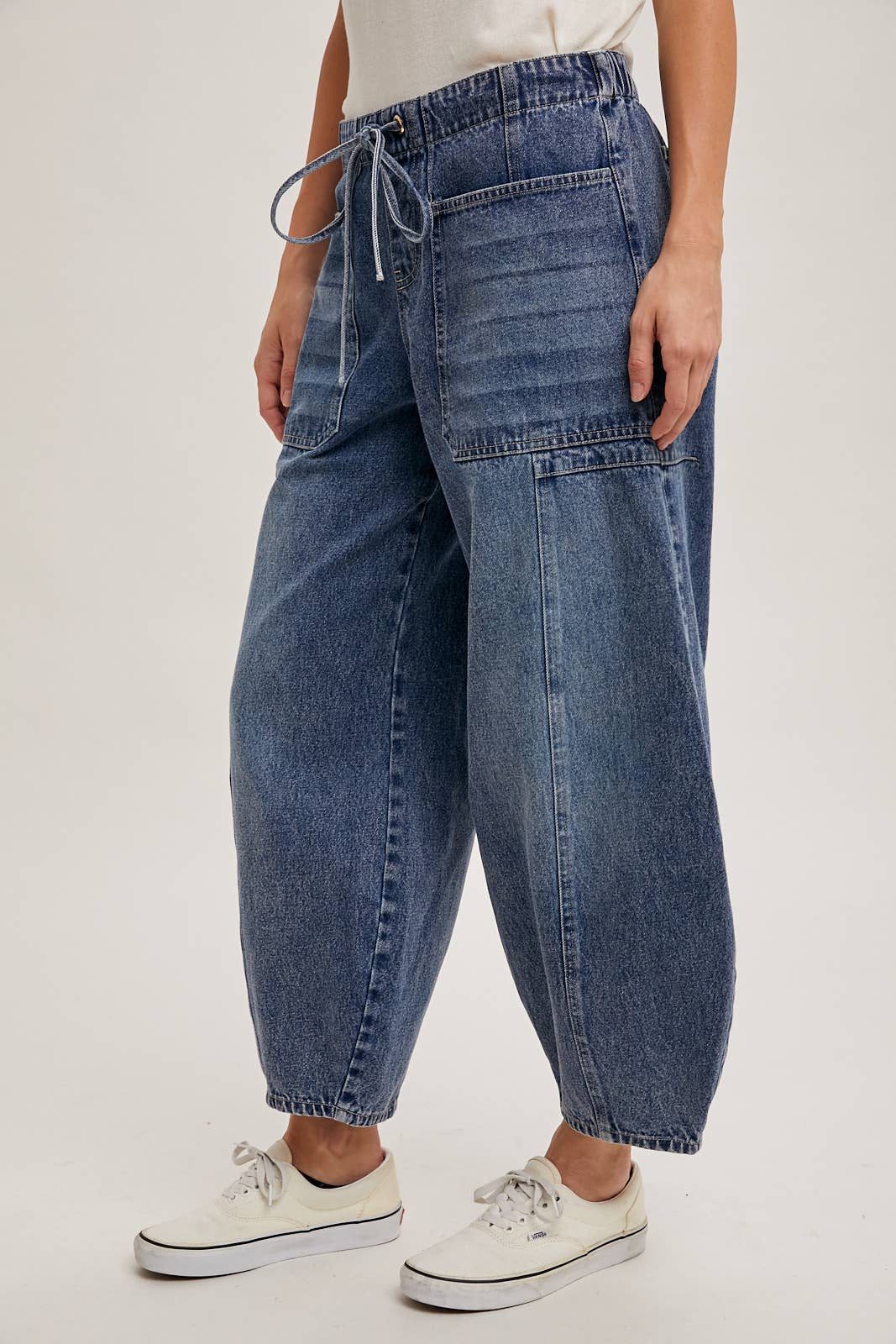 Denim Mid-Waist Drawstring Barrel Jeans