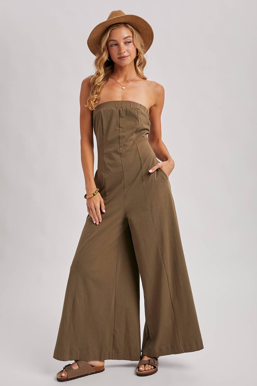Strapless Bandeau Wide Leg Jumpsuit w/ Pockets