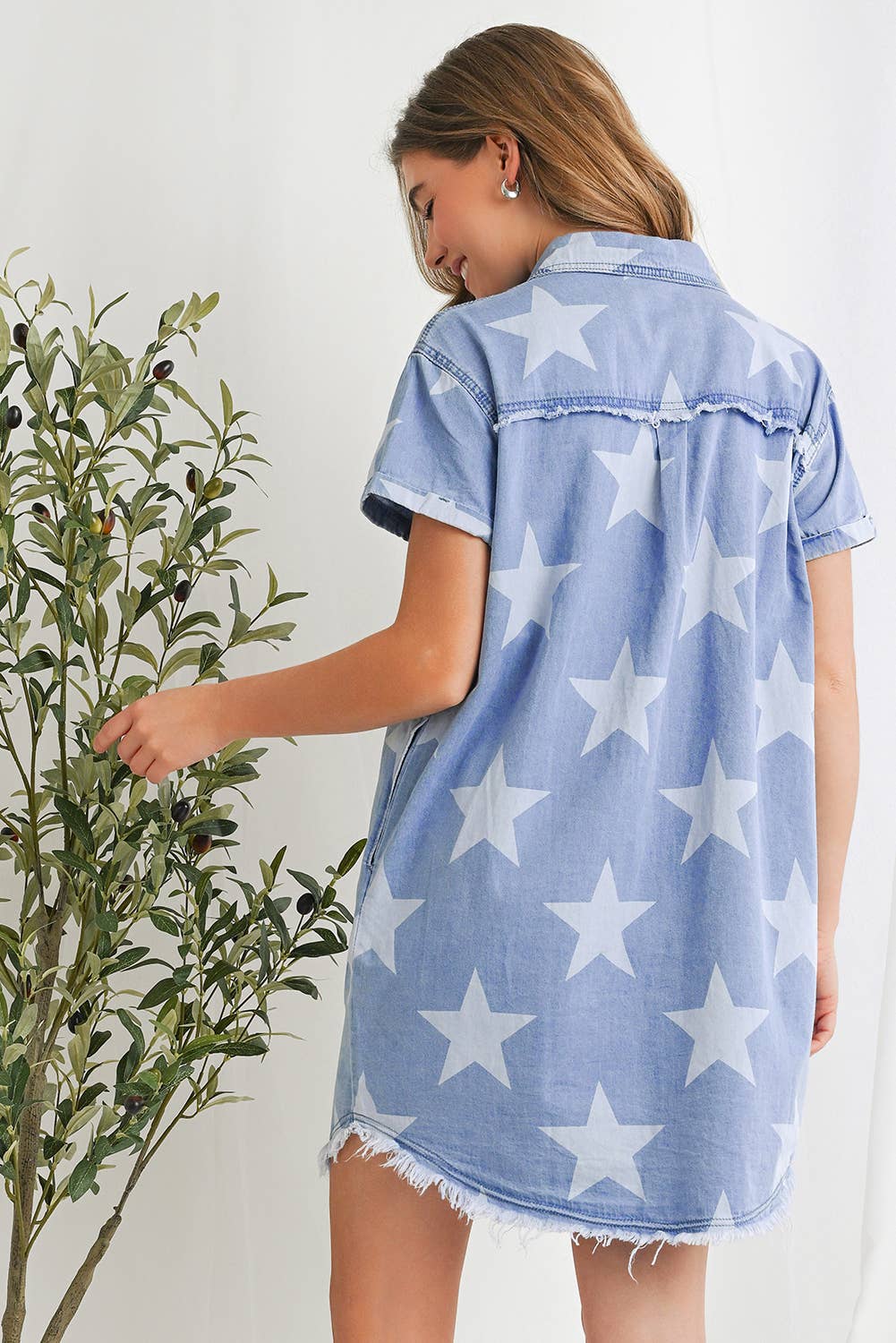 Casual Stars Print Collared Denim Shirt Dress