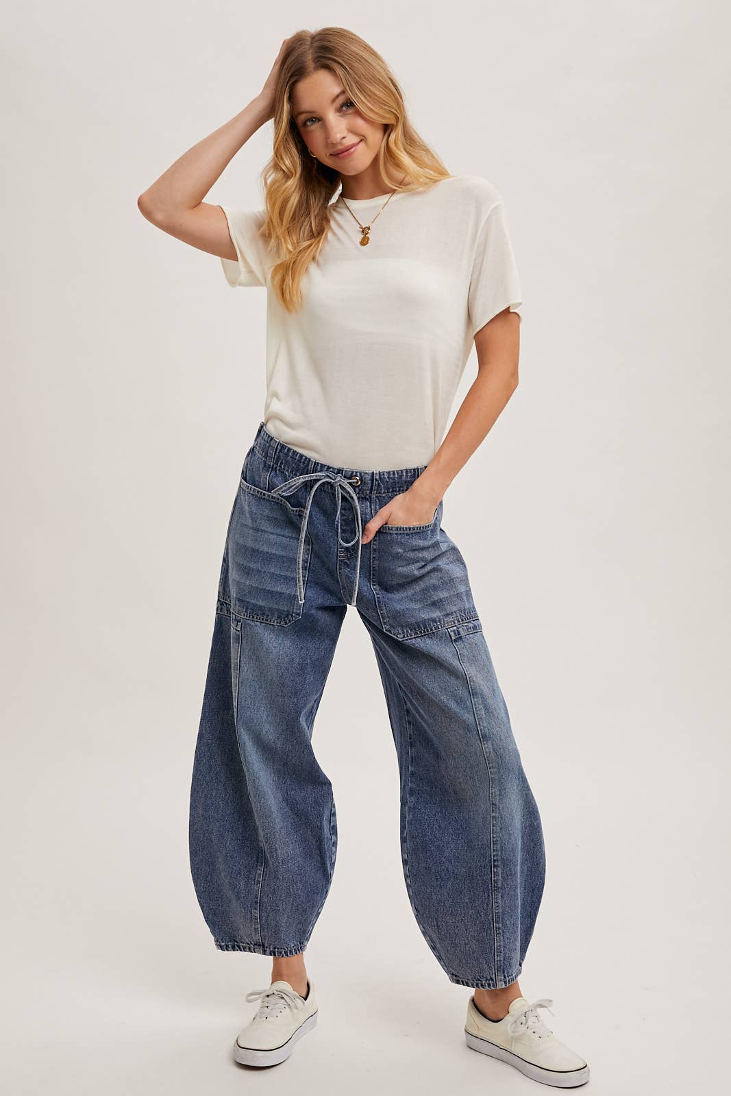 Denim Mid-Waist Drawstring Barrel Jeans