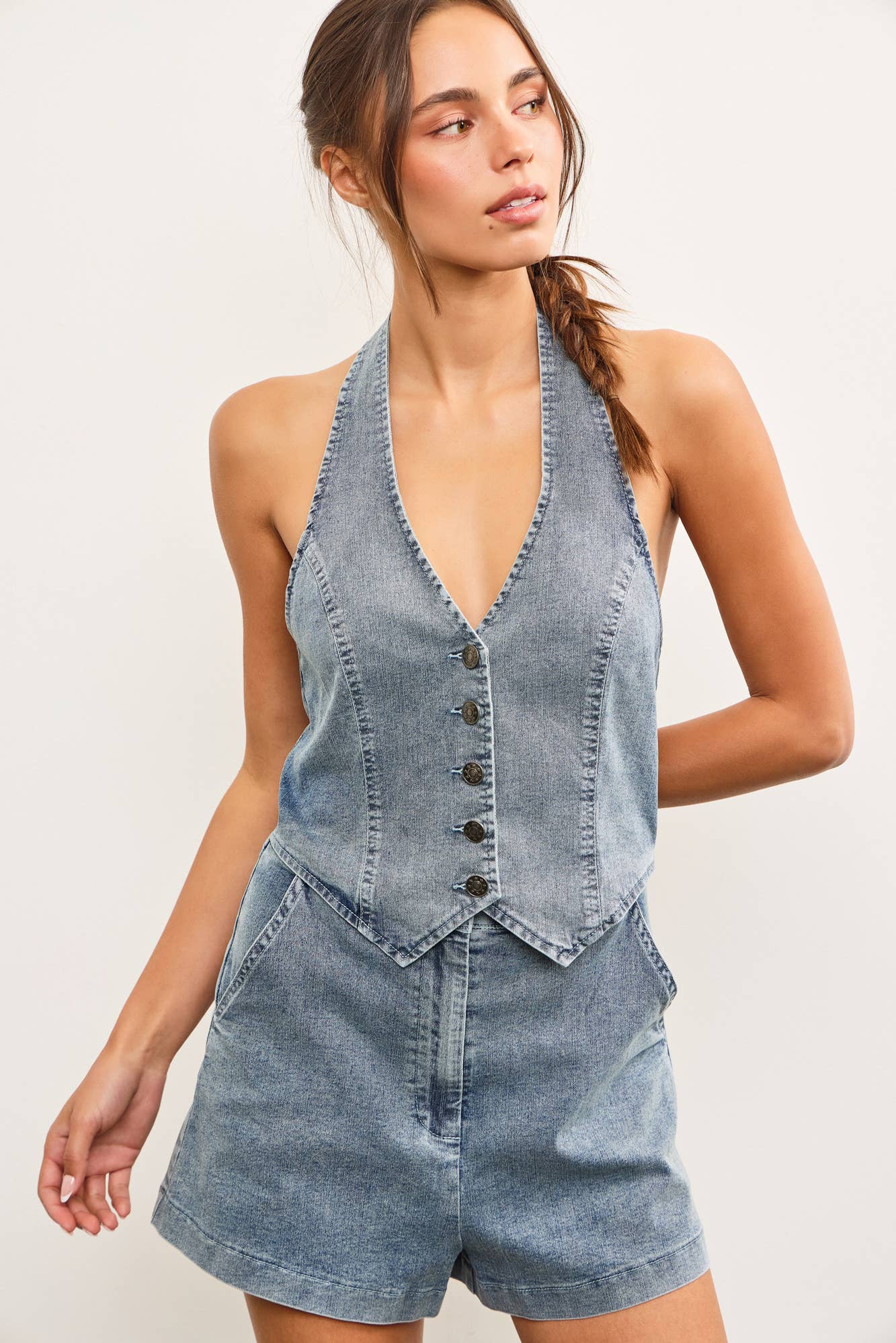 Halter Neck Vest Denim Romper