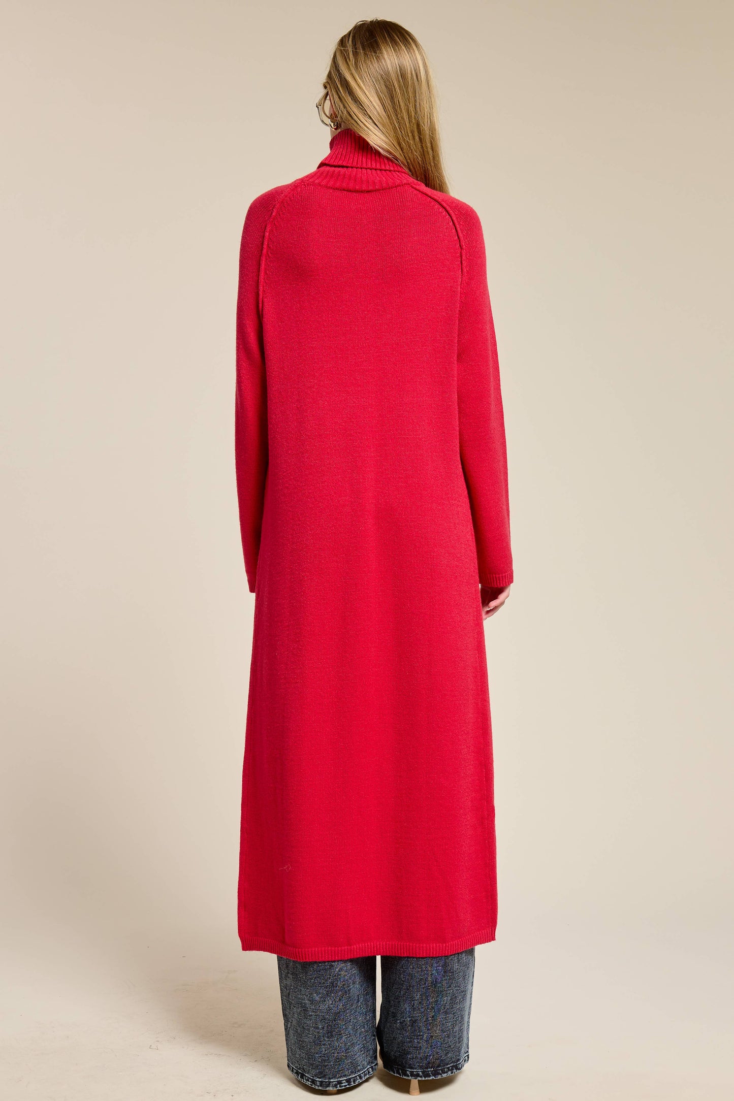 Ribbed Turtleneck Tunic Sweater Dress with Slit