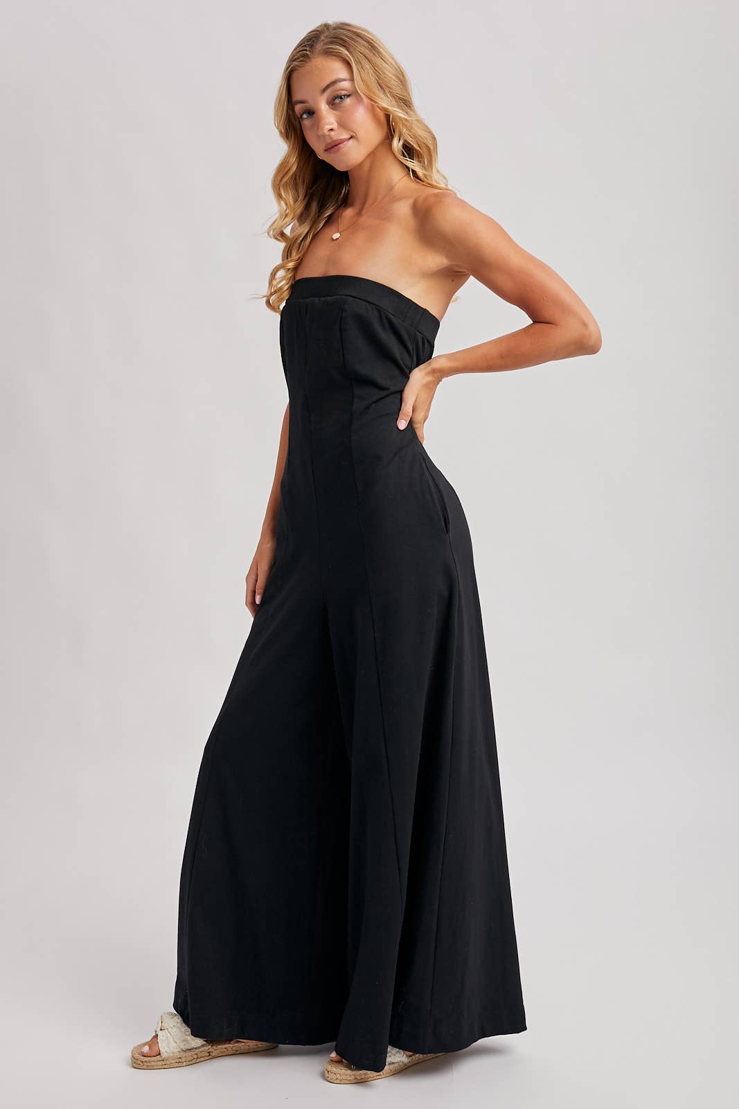 Strapless Bandeau Wide Leg Jumpsuit w/ Pockets