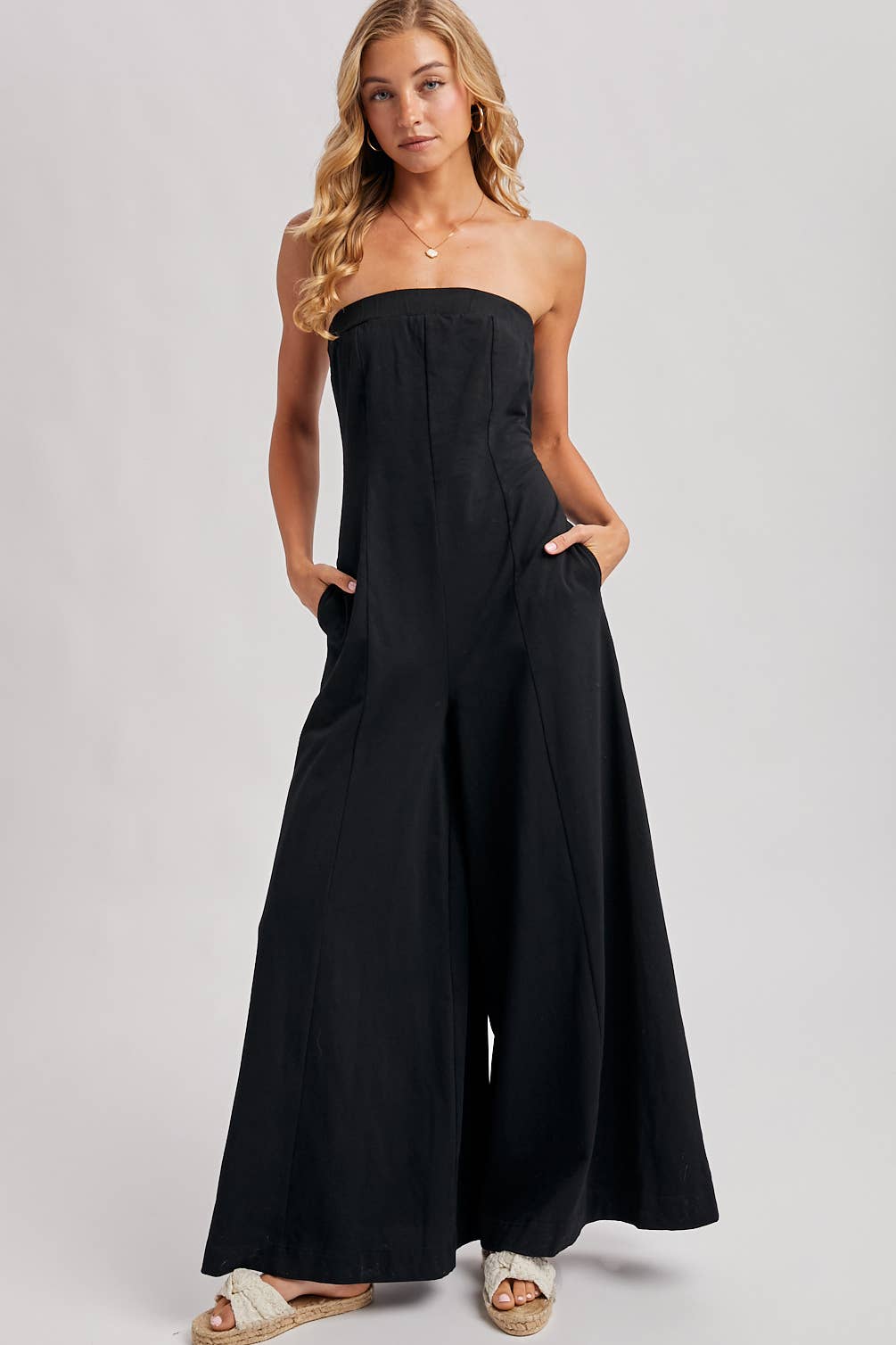 Strapless Bandeau Wide Leg Jumpsuit w/ Pockets