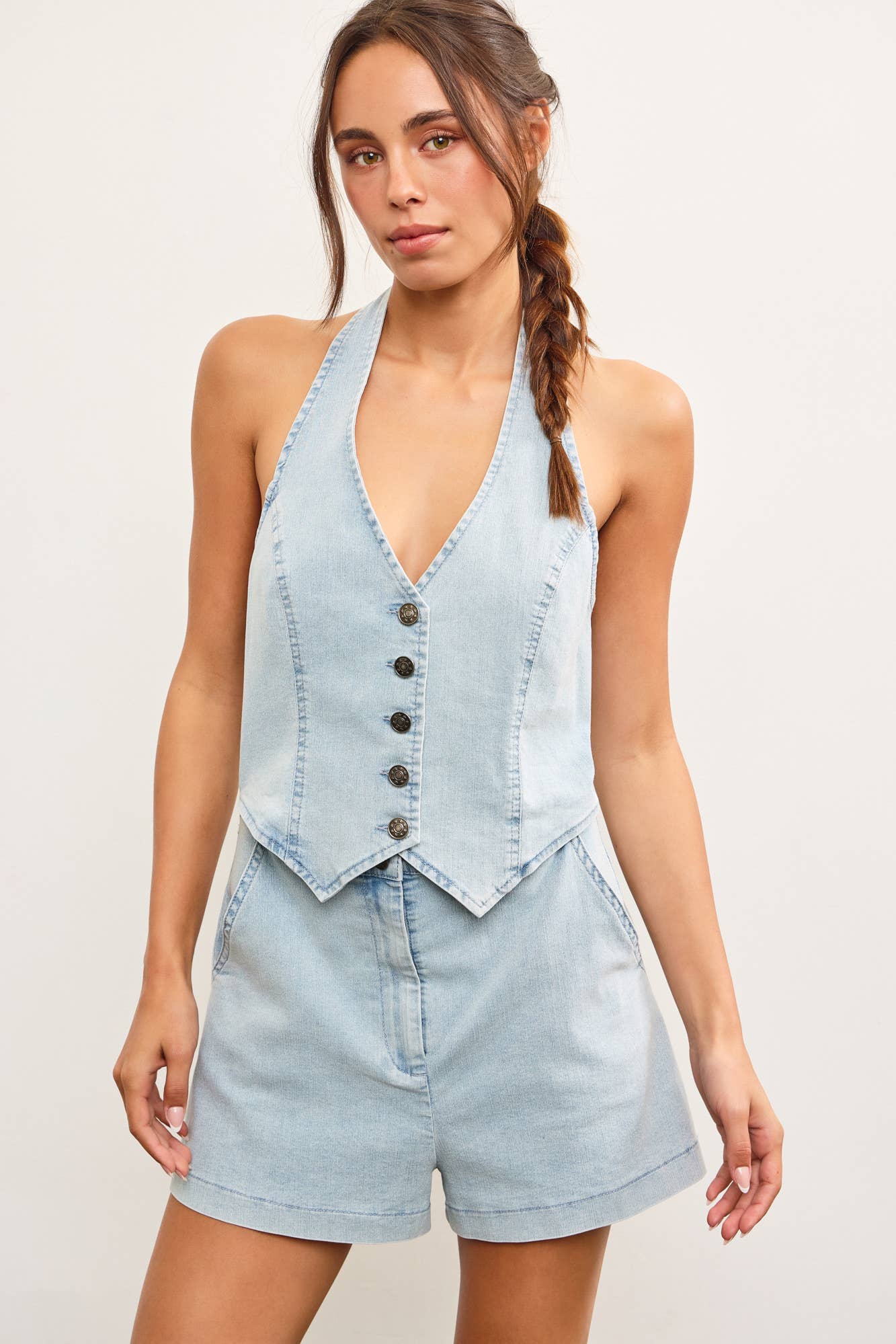 Halter Neck Vest Denim Romper