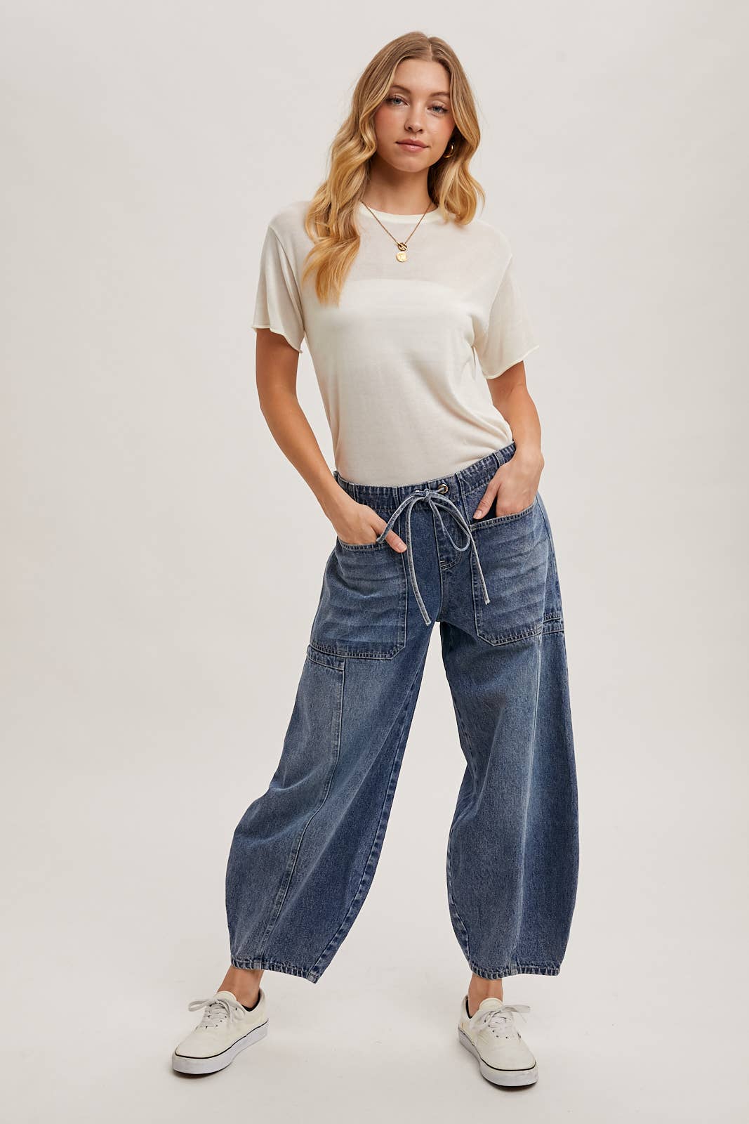 Denim Mid-Waist Drawstring Barrel Jeans