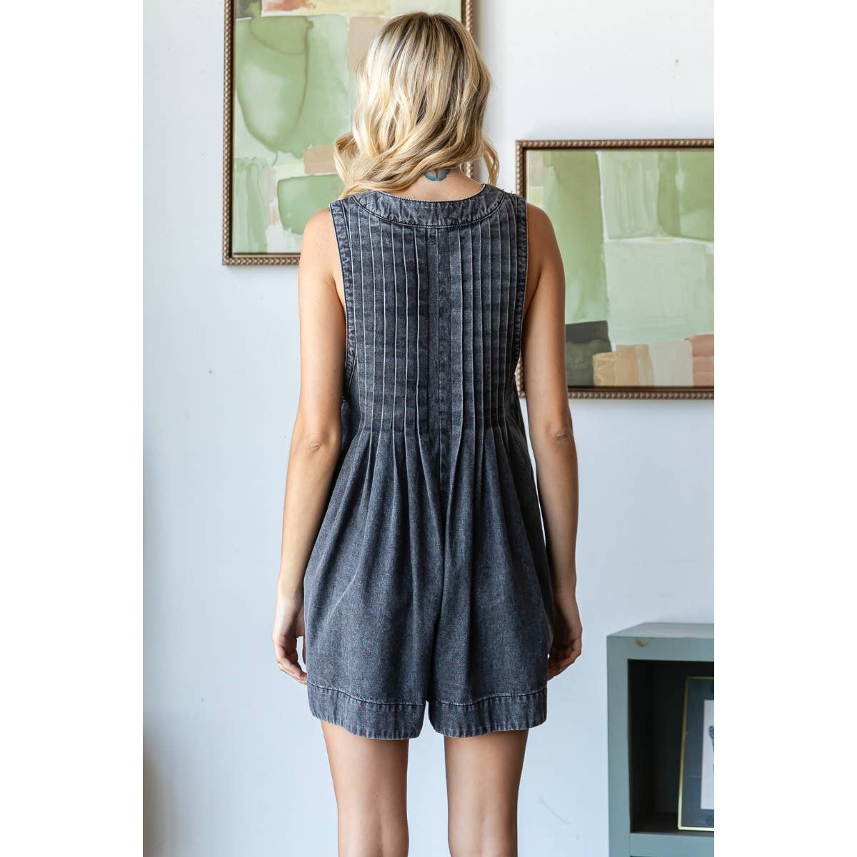 Front Pleated V Neck Sleeveless Denim Romper