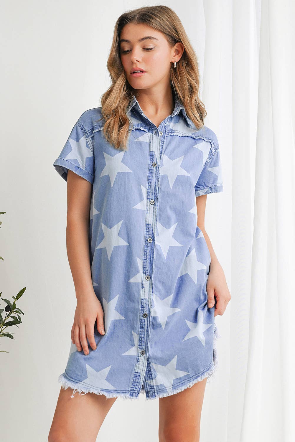 Casual Stars Print Collared Denim Shirt Dress