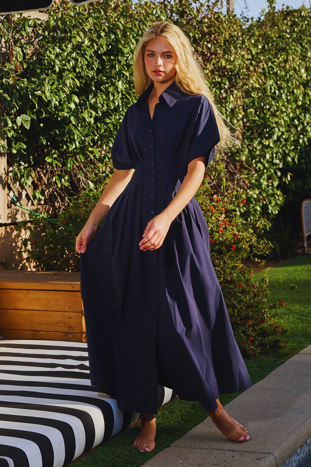 Cotton Poplin Button-Front Pleated Midi Shirt Dress