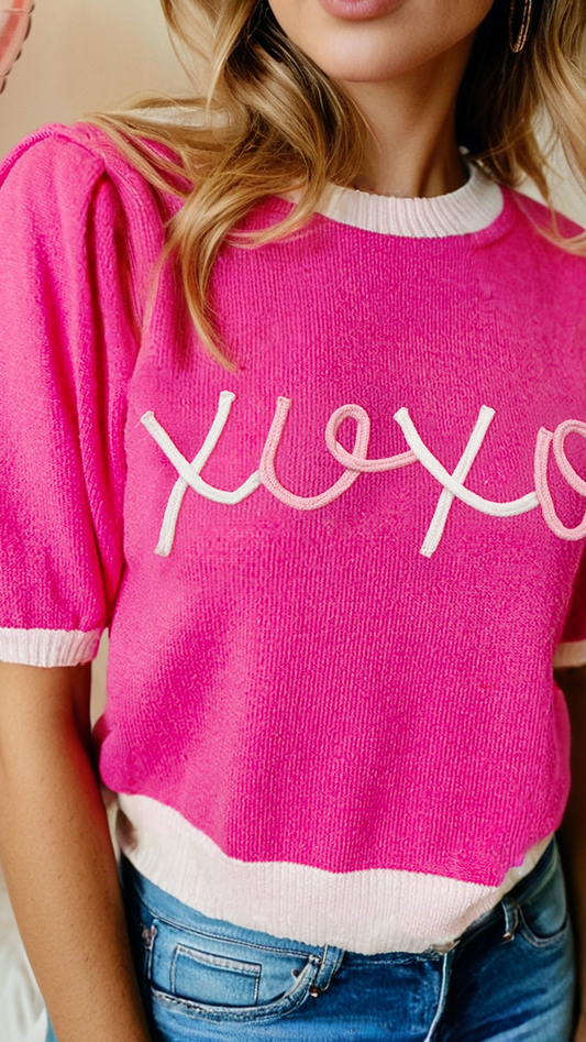XOXO Trim Crew Neck Short Puff Sleeve Sweater Tee