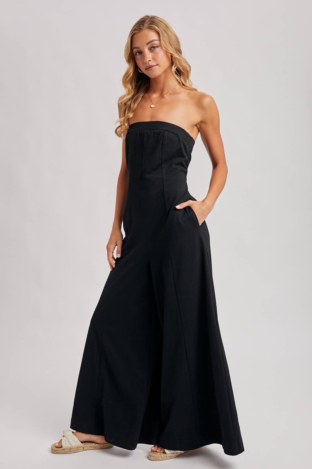 Strapless Bandeau Wide Leg Jumpsuit w/ Pockets