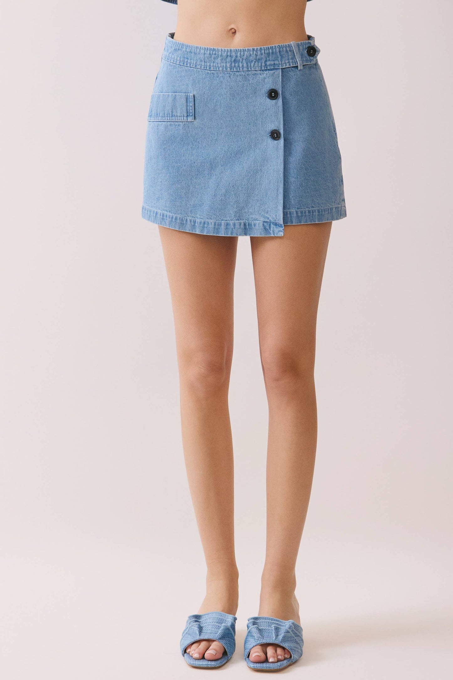 Denim Button Front Wrap Style Mini Shorts