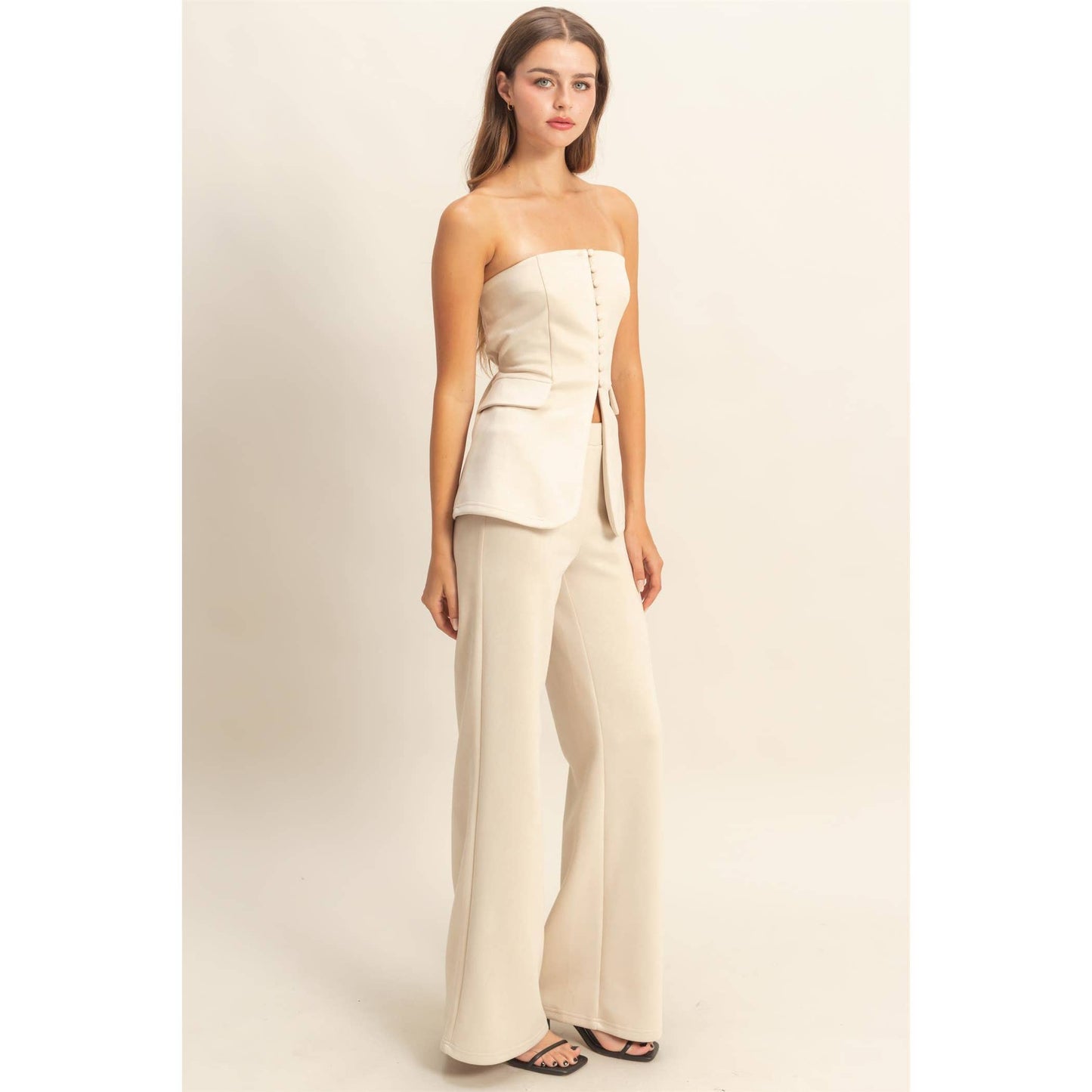 Suede Tailored Flare Pants And Peplum Top Set