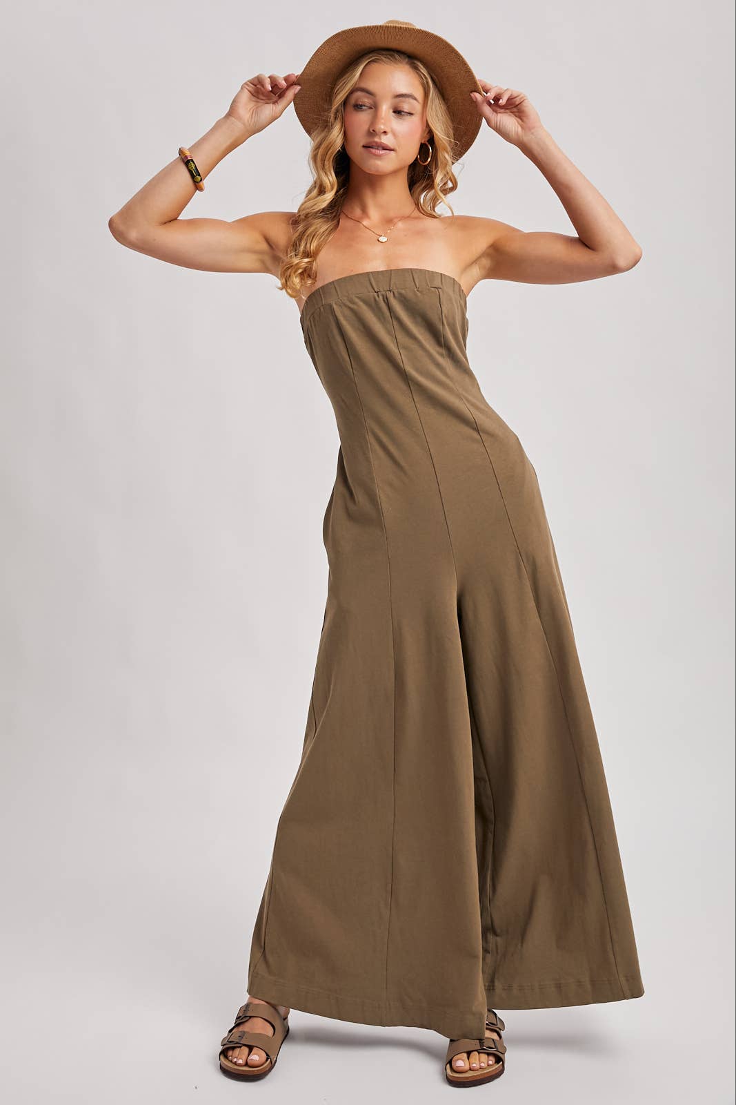 Strapless Bandeau Wide Leg Jumpsuit w/ Pockets