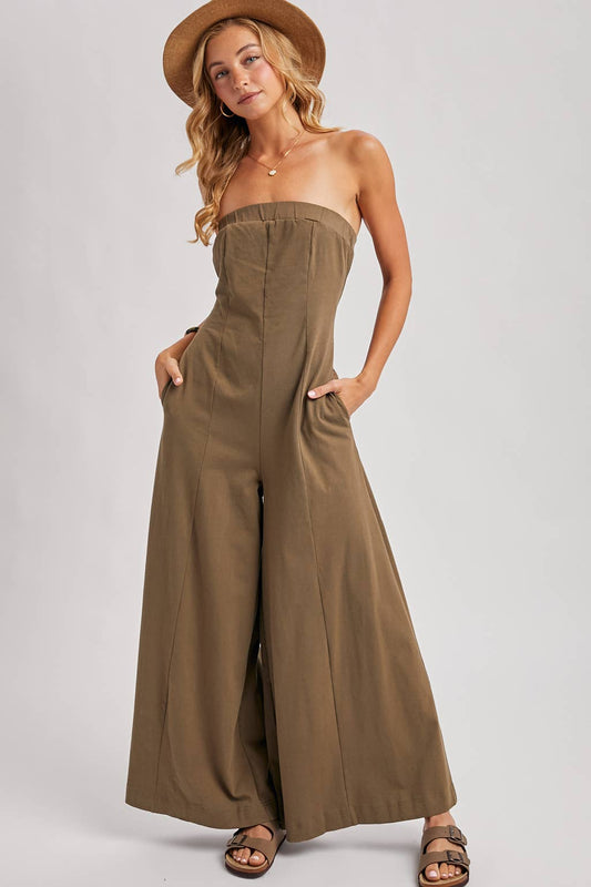 Strapless Bandeau Wide Leg Jumpsuit w/ Pockets