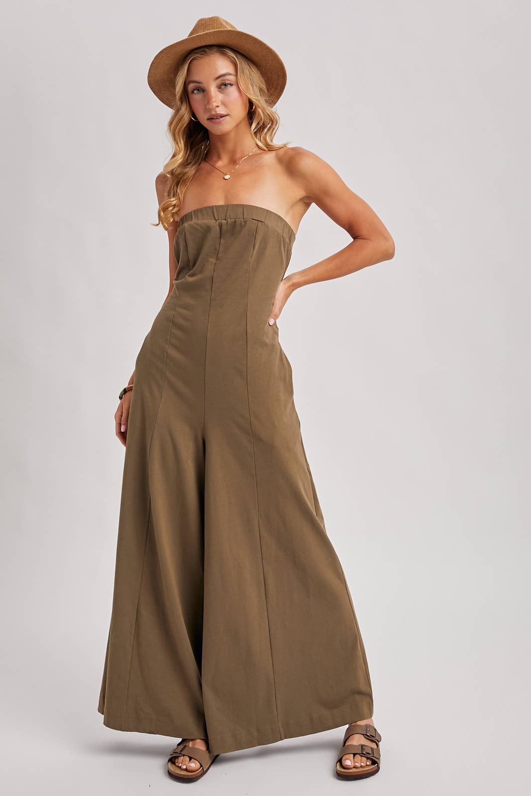 Strapless Bandeau Wide Leg Jumpsuit w/ Pockets