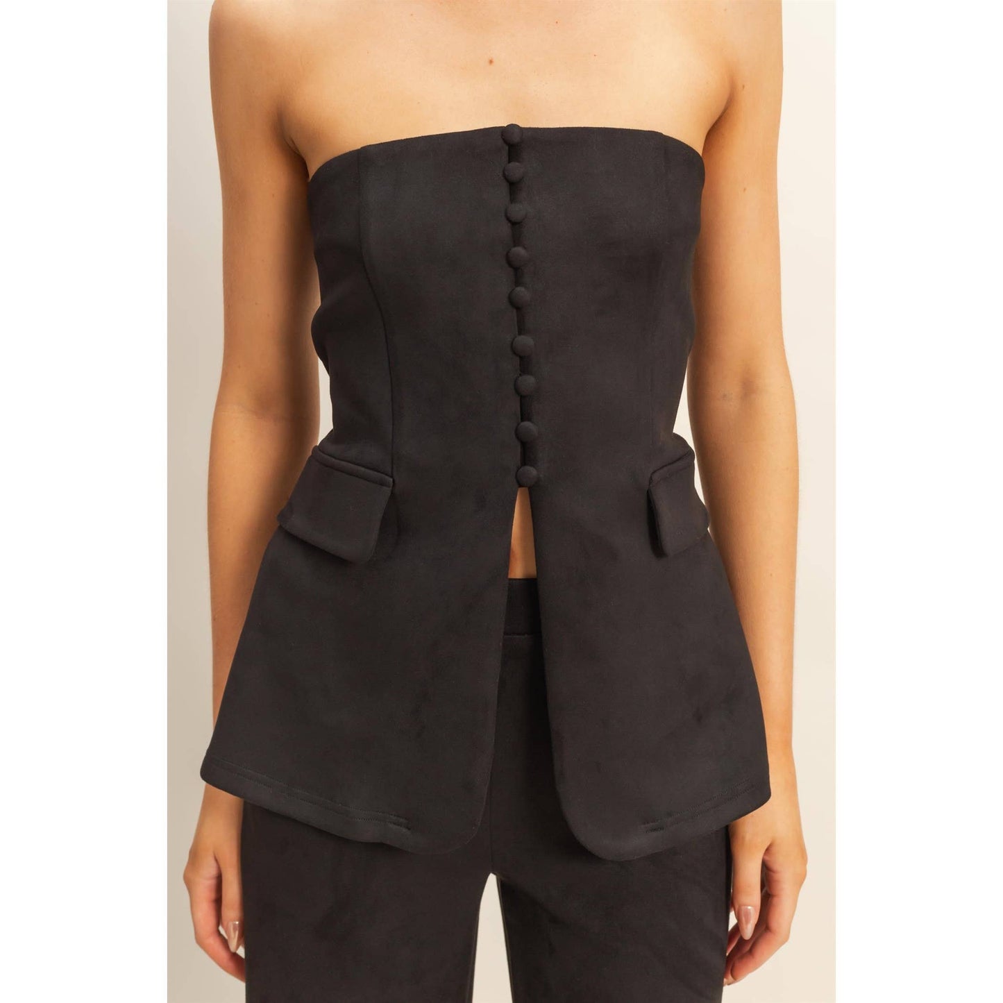 Suede Tailored Flare Pants And Peplum Top Set