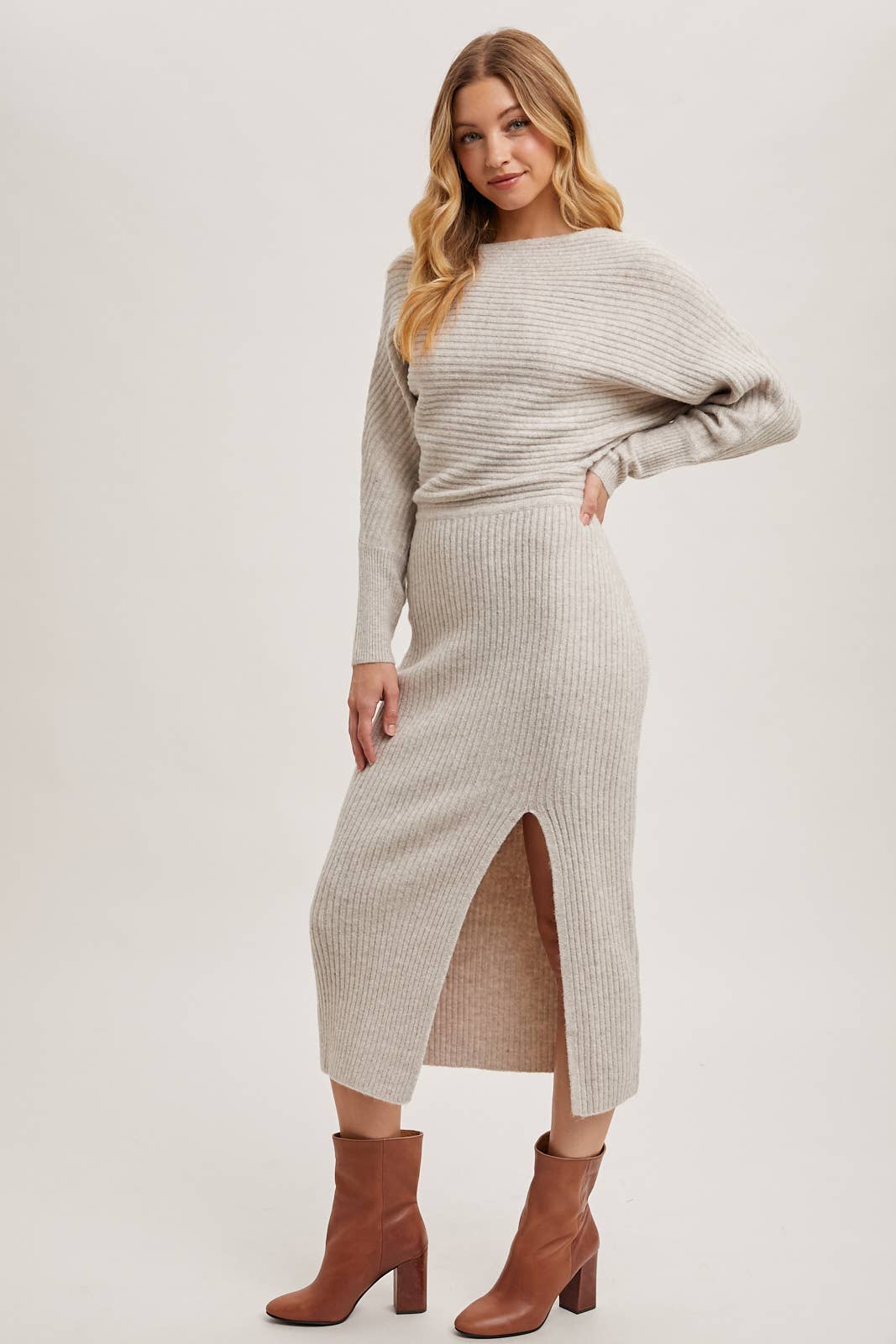 One Shoulder Off Side Slit Midi Knit Dress