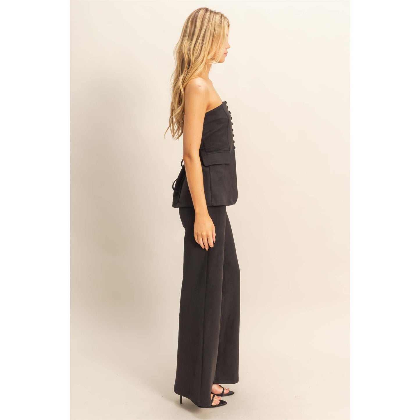 Suede Tailored Flare Pants And Peplum Top Set