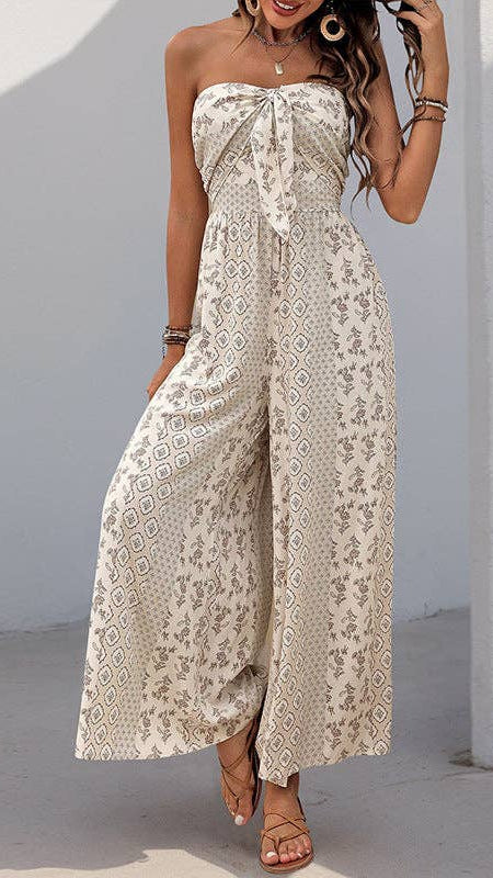 Strapless Smocked Romper Tube Top Flare Trousers Jumpsuit