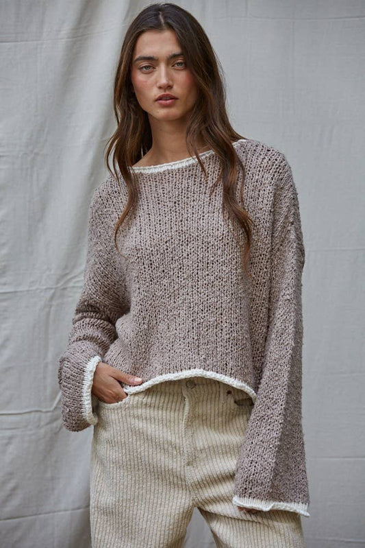 Knit Sweater Pullover Top With Contrast Hems Detail