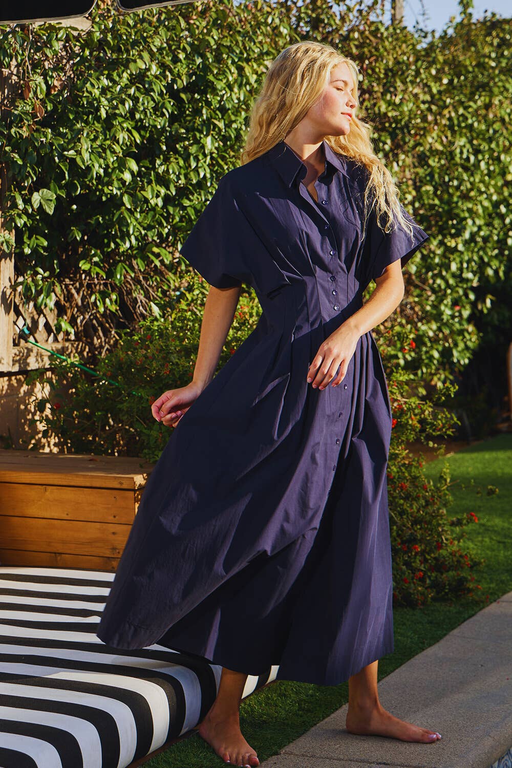 Cotton Poplin Button-Front Pleated Midi Shirt Dress
