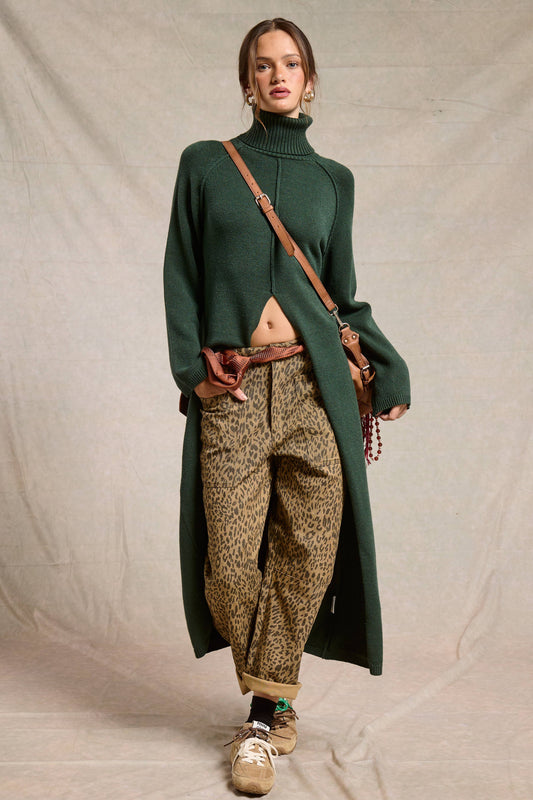 Ribbed Turtleneck Tunic Sweater Dress with Slit